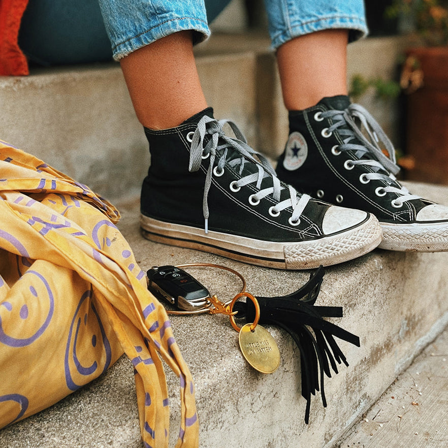 black suede tassel keychain & custom tag
