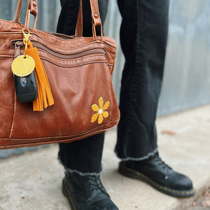 tangerine suede tassel keychain & custom tag