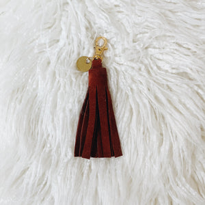 rust suede tassel keychain & tiny tag