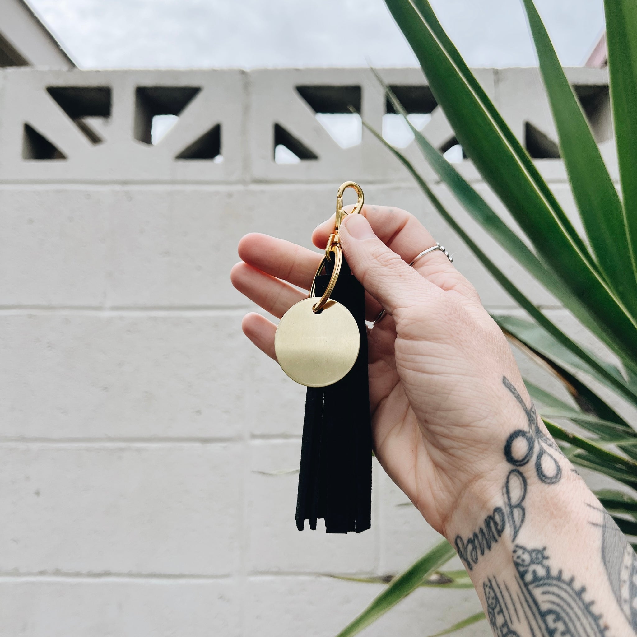 black suede tassel keychain & custom tag