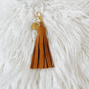 tangerine suede tassel keychain & tiny tag