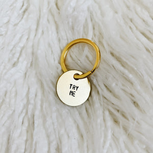 try me mini brass tag