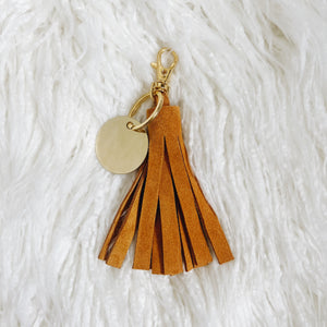 tangerine suede tassel keychain & custom tag