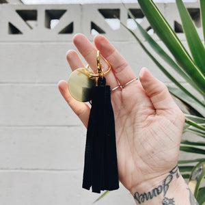 black suede tassel keychain & custom tag