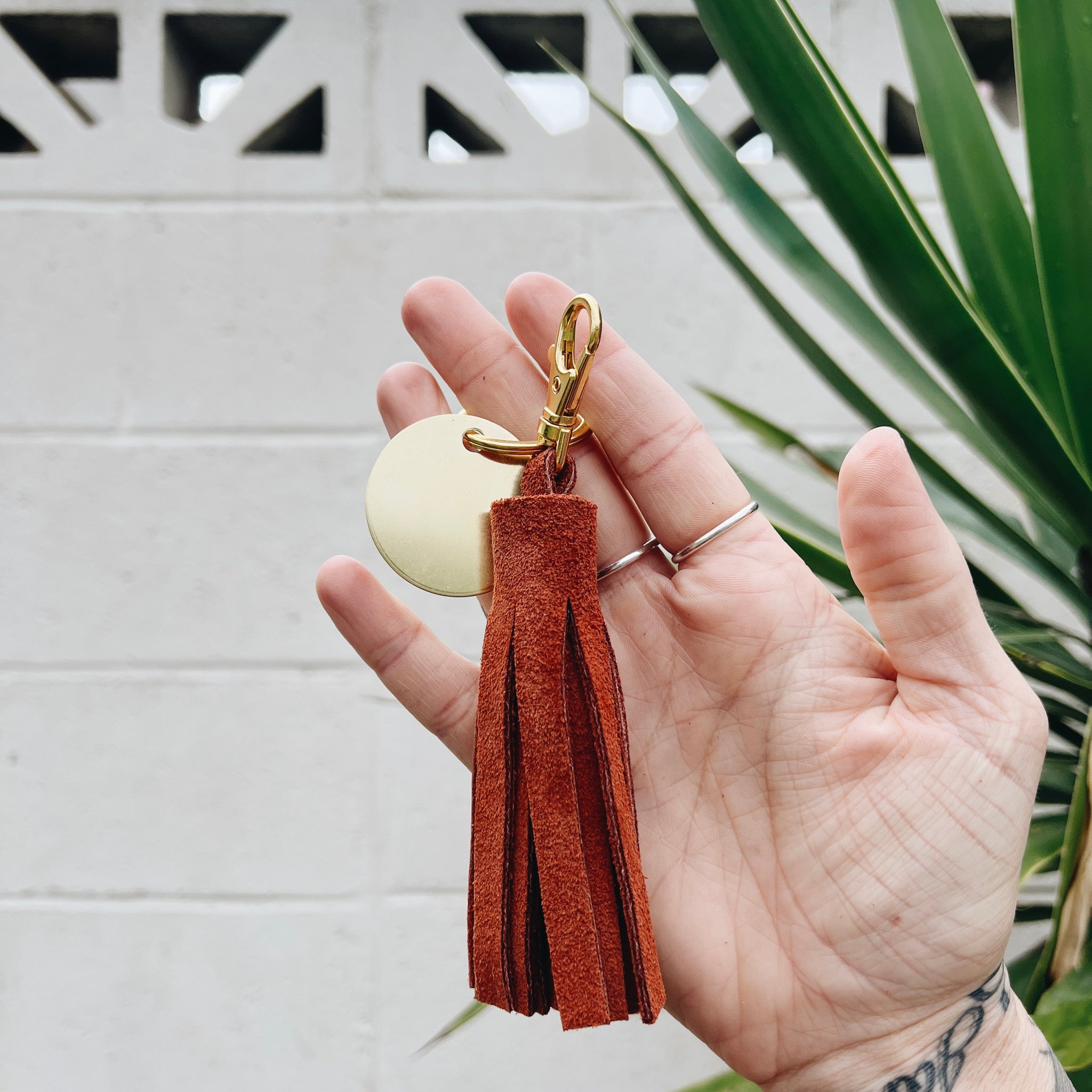 rust suede tassel keychain & custom tag – shop kendra beshk